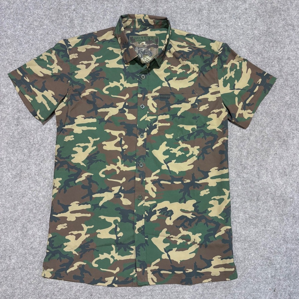 Warrior Mens Camo Short Sleeve Button Up Shirt Woodland Camouflage Pocket Medium